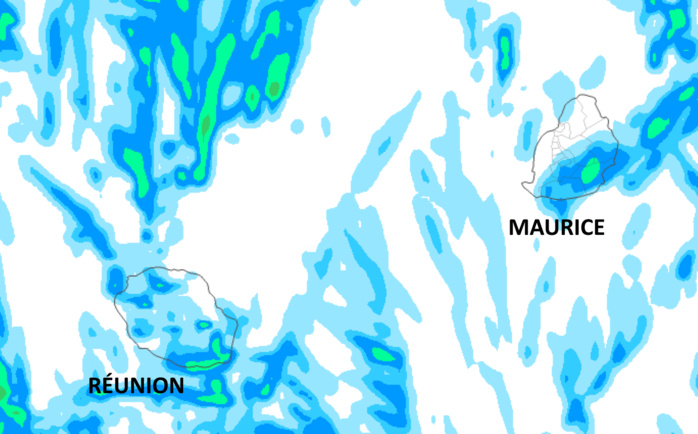 Le temps est plutôt sec et lumineux. Néanmoins le Sud sauvage de la RÉUNION et le Sud-Est de MAURICE essuient quelques épisodes pluvieux au cours de ces prochaines 36heures étant directement exposés au flux de Sud puis de Sud-Est. On note aussi quelques averses possibles par débordement l'après-midi sur les pentes du Nord-Ouest et du Sud-Ouest Réunionnais ou de manière plus isolée dans l'intérieur. Le risque de fortes averses est quasiment nul. Simulation de l'accumulation de précipitations du modèle Arome sur 42heures jusqu'à Dimanche 16heures. MFRANCE. MCIEL.