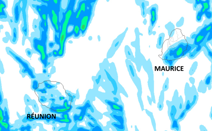Le temps est plutôt sec et lumineux. Néanmoins le Sud sauvage de la RÉUNION et le Sud-Est de MAURICE essuient quelques épisodes pluvieux au cours de ces prochaines 36heures étant directement exposés au flux de Sud puis de Sud-Est. On note aussi quelques averses possibles par débordement l'après-midi sur les pentes du Nord-Ouest et du Sud-Ouest Réunionnais ou de manière plus isolée dans l'intérieur. Le risque de fortes averses est quasiment nul. Simulation de l'accumulation de précipitations du modèle Arome sur 42heures jusqu'à Dimanche 16heures. MFRANCE. MCIEL. Le temps est plutôt sec et lumineux. Néanmoins le Sud sauvage de la RÉUNION et le Sud-Est de MAURICE essuient quelques épisodes pluvieux au cours de ces prochaines 36heures étant directement exposés au flux de Sud puis de Sud-Est. On note aussi quelques averses possibles par débordement l'après-midi sur les pentes du Nord-Ouest et du Sud-Ouest Réunionnais ou de manière plus isolée dans l'intérieur. Le risque de fortes averses est quasiment nul. Simulation de l'accumulation de précipitations du modèle Arome sur 42heures jusqu'à Dimanche 16heures. MFRANCE. MCIEL.