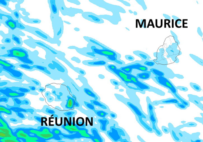 Le temps est plutôt sec et lumineux. Néanmoins le quart Sud-Est et les pentes du volcan de la RÉUNION apparaissent les plus exposés aux quelques épisodes pluvieux toutefois peu marqués au cours des prochaines 36heures. Le soleil sera le plus souvent souverain sur le sommet du volcan. On notera l'après-midi quelques ondées ou brèves averses disparates sur les pentes du Nord-Ouest ou dans l'intérieur. A MAURICE il fait aussi très beau. Quelques gouttes sur la moitié Est ou sur le Plateau Central sont possibles tôt le matin ou quelques autres très isolées sur le Sud-Ouest l'après-midi mais RIEN pour contredire l'impression généralisée de BEAU TEMPS. Simulation de l'accumulation de précipitations du modèle Arome sur 42heures jusqu'à Lundi 16heures. MFRANCE. MCIEL.