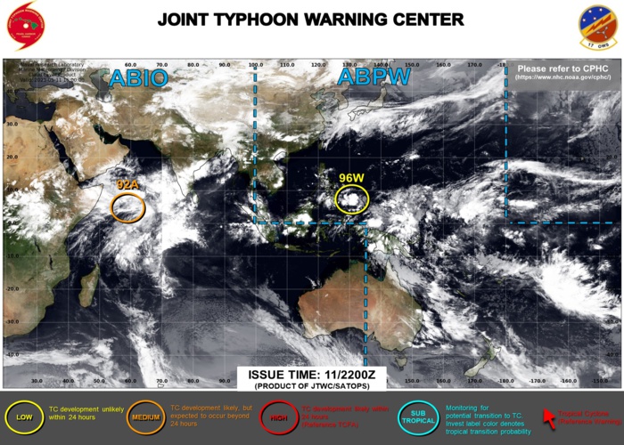 12/00UTC. OVER THE NEXT 24HOURS INVEST 96W IS ASSESSED AS LOW: LOW CHANCES OF HAVING 25KNOT WINDS NEAR ITS CENTER. INVEST 96A REMAINS MEDIUM: MEDIUM CHANCES OF HAVING 35KNOT WINDS NEAR ITS CENTER.