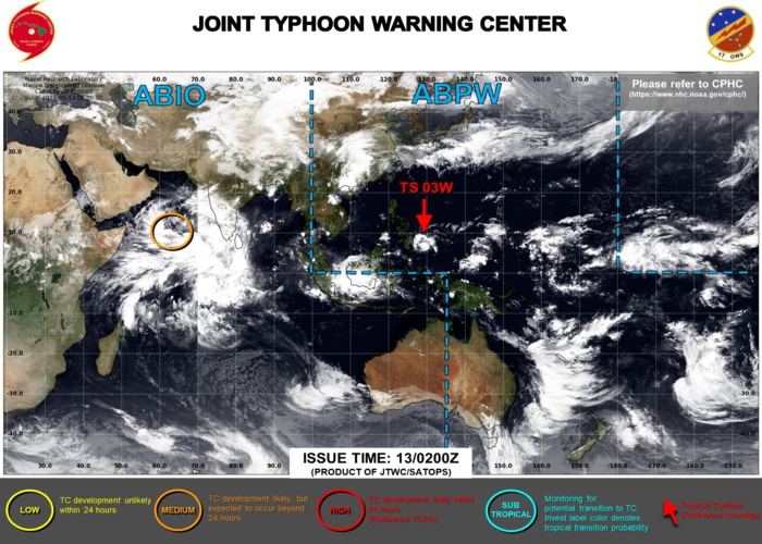 13/03UTC.JTWC IS ISSUING 6HOURLY WARNINGS AND 3HOURLY SATELLITE BULLETINS ON 03W. INVEST 92A REMAINS MEDIUM: MODERATE CHANCES OF HAVING 35KNOT WINDS NEAR ITS CENTER WITHIN 24HOURS.