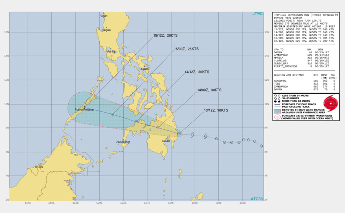 TD 03W. WARNING 4 ISSUED AT 13/15UTC.ANIMATED ENHANCED INFRARED SATELLITE IMAGERY(EIR) DEPICTS A FULLY-EXPOSED LOW-LEVEL CIRCULATION  DISPLACED WEST OF AN ISOLATED DEEP CONVECTIVE BURST. EIR  SUPPORTS THE INITIAL POSITION WITH GOOD CONFIDENCE AND INDICATES  THAT THE SYSTEM IS CURRENTLY MAKING LANDFALL OVER SOUTHEAST  MINDANAO.ENVIRONMENTAL ANALYSIS INDICATES A MARGINALLY-FAVORABLE  ENVIRONMENT WITH LOW VERTICAL WIND SHEAR (VWS), WEAK POLEWARD  OUTFLOW AND WARM SST VALUES (29C). TD 03W IS TRACKING WESTWARD ALONG  THE SOUTHERN PERIPHERY OF A LOW- TO MID-LEVEL SUBTROPICAL RIDGE  (STR) ENTRENCHED TO THE NORTH.TD 03W IS FORECAST TO TRACK WESTWARD TO WEST-NORTHWESTWARD  THROUGH THE FORECAST PERIOD UNDER THE STEERING INFLUENCE OF THE STR  POSITIONED TO THE NORTH. TD 03W IS EXPECTED TO WEAKEN AS IT TRACKS OVER MINDANAO, AND WILL  DISSIPATE BY 48H DUE TO INCREASING VWS (20-25 KNOTS) AND UPPER- LEVEL CONVERGENCE ASSOCIATED WITH A PERSISTENT UPPER-LEVEL TROUGH.