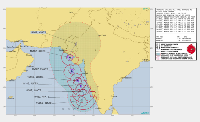 TC 01A. WARNING 1 ISSUED AT 14/09UTC.ANIMATED MULTISPECTRAL SATELLITE IMAGERY AND A PARTIAL 140231Z SSMIS 91GHZ  IMAGE INDICATE A RAPIDLY CONSOLIDATING SYSTEM WITH DEEP CONVECTIVE  BANDING OVER THE WESTERN SEMICIRCLE WRAPPING INTO AN ELONGATED,  PARTIALLY-EXPOSED LOW-LEVEL CIRCULATION CENTER, WHICH SUPPORTS THE  INITIAL POSITION WITH FAIR CONFIDENCE. THE INITIAL INTENSITY IS  ASSESSED AT 35 KNOTS BASED ON A PGTW DVORAK ESTIMATE OF T2.5 (35  KNOTS). UPPER-LEVEL ANALYSIS INDICATES VERY FAVORABLE ENVIRONMENTAL  CONDITIONS WITH ROBUST EQUATORWARD OUTFLOW, IMPROVING POLEWARD  OUTFLOW, LOW VERTICAL WIND SHEAR AND WARM (31C) SST VALUES. TC 01A  IS TRACKING SLOWLY POLEWARD ALONG THE WESTERN PERIPHERY OF A DEEP- LAYERED SUBTROPICAL RIDGE (STR) POSITIONED TO THE EAST. TC 01A IS  FORECAST TO GRADUALLY TURN NORTH-NORTHWESTWARD THROUGH 72H BEFORE  RECURVING NORTH-NORTHEASTWARD AFTER 96H.DUE TO THE EXCELLENT  CONDITIONS, TC 01A IS EXPECTED TO INTENSIFY RAPIDLY AFTER 24H  WITH A PEAK OF 110 KNOTS/US CAT 3 BY 72H. STEADY WEAKENING WILL OCCUR AS  THE SYSTEM APPROACHES THE PAKISTAN/INDIA BORDER WITH MORE RAPID  WEAKENING AFTER THE SYSTEM MAKES LANDFALL.