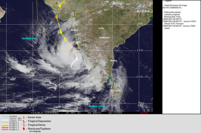 TC 01A(TAUKTAE). WARNING 5 ISSUED AT 15/09UTC.UPPER-LEVEL ANALYSIS INDICATES VERY  FAVORABLE ENVIRONMENTAL CONDITIONS WITH RADIAL OUTFLOW, MODERATE VERTICAL WIND SHEAR, AND WARM (31C) SST VALUES.  TC 01A IS TRACKING POLEWARD ALONG THE WESTERN PERIPHERY OF A DEEP-LAYERED  SUBTROPICAL RIDGE (STR) POSITIONED TO THE EAST. TC 01A IS FORECAST  TO GRADUALLY TURN NORTH-NORTHWESTWARD THROUGH 72H BEFORE  RECURVING NORTH-NORTHEASTWARD NEAR 72H. DUE TO THE EXCELLENT  ENVIRONMENTAL CONDITIONS, TC 01A IS EXPECTED TO INTENSIFY RAPIDLY  AFTER 24H WITH A PEAK OF 105 KNOTS/ CAT 3 BY 72H JUST BEFORE MAKING  LANDFALL NEAR PORBANDAR, INDIA. STEADY WEAKENING WILL OCCUR AS THE  SYSTEM APPROACHES THE PAKISTAN/INDIA BORDER WITH RAPID WEAKENING  AFTER THE SYSTEM MAKES LANDFALL.