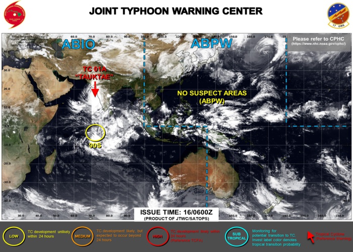JTWC IS ISSUING 6HOURLY WARNINGS ON TC 01A AND 3HOURLY SATELLITE BULLETINS. INVEST 90S IS NOW ON THE MAP: LOW CHANCES OF HAVING 35KNOT WINDS CLOSE TO ITS CENTER WITHIN 24HOURS.