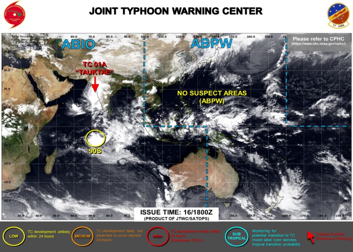 JTWC IS ISSUING 6HOURLY WARNINGS ON TC 01A AND 3HOURLY SATELLITE BULLETINS. INVEST 90S : LOW CHANCES OF HAVING 35KNOT WINDS CLOSE TO ITS CENTER WITHIN 24HOURS.