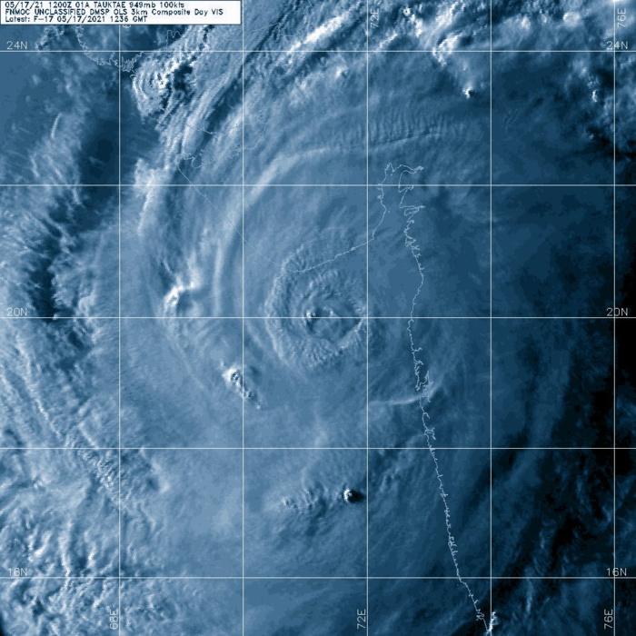 TC 01A(TAUKTAE). 17/1236UTC. DMSP VISIBLE ENHANCED. THE CLOUD-FILLING EYE IS CLOSE TO THE INDIAN COASTLINE. TC 01A(TAUKTAE). 17/1236UTC. DMSP VISIBLE ENHANCED. THE CLOUD-FILLING EYE IS CLOSE TO THE INDIAN COASTLINE.