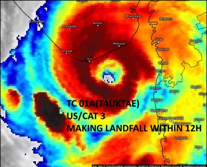 TC 01A(TAUKTAE). 17/14UTC. THE DISTINCT EYE FEATURE IS FORECAST TO MAKE LANDFALL NEAR JAFRABAD,GUJARAT/INDIA WITHIN THE NEXT 12HOURS. Meteosat-8/Eumetsat. TC 01A(TAUKTAE). 17/14UTC. THE DISTINCT EYE FEATURE IS FORECAST TO MAKE LANDFALL NEAR JAFRABAD,GUJARAT/INDIA WITHIN THE NEXT 12HOURS. Meteosat-8/Eumetsat.