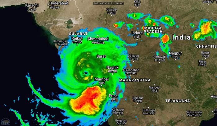 TC 01A(TAUKTAE). 17/20UTC. 9H LOOP.ANIMATED ENHANCED INFRARED (EIR) SATELLITE IMAGERY INDICATES THAT TC 01A HAS BECOME BETTER ORGANIZED  JUST PRIOR TO LANDFALL, WITH A 37KM EYE FEATURE, SURROUNDED BY A SOLID RING OF COLD CLOUD TOPS IN THE BD ENHANCEMENT. THE SYSTEM WAS IN THE PROCESS OF CROSSING THE SHORELINE AT THE 171800Z HOUR, VERY NEAR TO JAFARABAD, INDIA. THE INITIAL POSITION WAS PLACED WITH HIGH CONFIDENCE BASED ON THE 37KM EYE FEATURE IN THE EIR LOOP. THE INTENSITY AT LANDFALL IS ASSESSED AT 110 KNOTS/US CAT 3 WITH MODERATE CONFIDENCE, REFLECTING THE IMPROVED INFRARED SIGNATURE, COLDER CLOUD TOPS AND WARMER EYE TEMPERATURE.