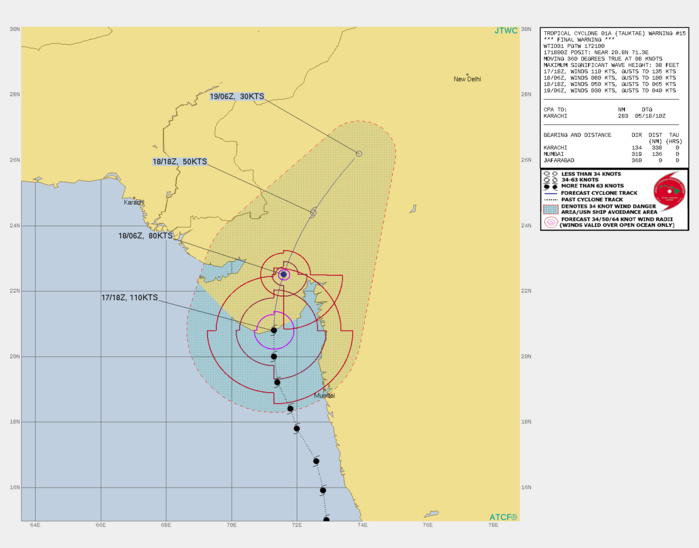 TC 01A. WARNING 15 ISSUED AT 17/21UTC. THE OVERALL ENVIRONMENT REMAINS CONDUCIVE, WITH LOW VERTICAL WIND SHEAR(VWS) AND GOOD POLEWARD OUTFLOW. NOW THAT THE SYSTEM IS OVER  LAND HOWEVER, IT IS EXPECTED TO RAPIDLY WEAKEN DUE TO THE  COMBINATION OF LAND INTERACTION AND RAPIDLY INCREASING VWS AS IT  TRACKS NORTHEASTWARD. SIGNIFICANT SOUTHERLY WINDS ARE STILL POSSIBLE  IN THE GULF OF KHAMBAHT THROUGH 12H EVEN THOUGH THE SYSTEM ITSELF  WILL BE CENTERED WELL INLAND. TC 01A IS FORECAST TO FULLY DISSIPATE  AS A TROPICAL CYCLONE BY 36H AS IT MOVES ACROSS THE ARAVALLI  MOUNTAINS. THIS IS THE FINAL WARNING ON THIS SYSTEM BY THE JOINT  TYPHOON WRNCEN PEARL HARBOR HI.