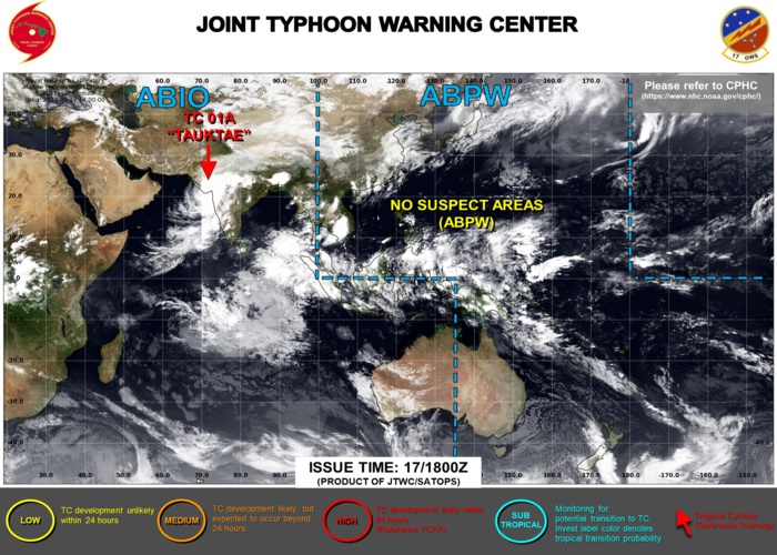 17/21UTC. FINAL WARNING WAS ISSUED BY THE JTWC ON TC 01A(TAUKTAE). 3 HOURLY SATELLITE BULLETINS ARE STILL ISSUED. 17/21UTC. FINAL WARNING WAS ISSUED BY THE JTWC ON TC 01A(TAUKTAE). 3 HOURLY SATELLITE BULLETINS ARE STILL ISSUED.