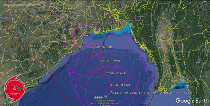 TC 02B. CURRENT FORECAST LANDFALL AREA NEAR BALASORE SHORTLY AFTER 48H.