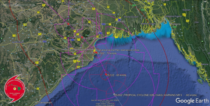 TC 02B(YAAS). WARNING 5. FORECAST LANDFALL AREA NEAR BHITARKANINKA NATIONAL PARK IN 24H.