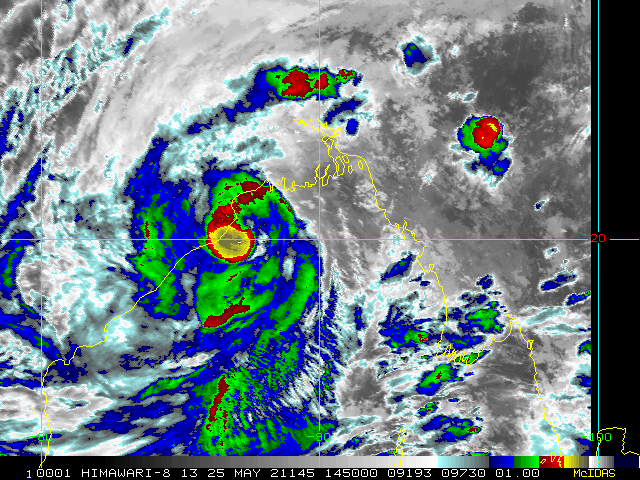 TC 02B. 25/1450UTC. ENHANCED INFRARED SATELLITE IMAGERY (EIR) DEPICT THE DEEP  CONVECTIVE BANDING CONSOLIDATING AROUND A WELL-DEFINED LOW LEVEL  CIRCULATION CENTER.