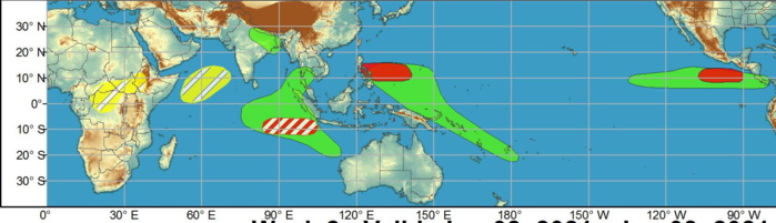 WEEK 1: MAY 26 TO JUNE 01: The Madden-Julian Oscillation (MJO) propagated eastward from the Indian Ocean to the Maritime Continent during mid to late May. An atmospheric Kelvin wave (KW) is currently over Africa and a second KW is forecast to cross the Western Hemisphere during week-1. Forecast confidence is lower this week on how the MJO evolves during the next two weeks due to increasing spread among ensemble members as other modes of tropical variability interfere. During early June, dynamical models begin to feature a more low frequency signal of enhanced convection persisting across the West Pacific. The MJO contributed to the development of a pair of tropical cyclones over the Arabian Sea and Bay of Bengal since mid-May. Tropical cyclone (TC) Yaas, currently located in the northwest Bay of Bengal, is forecast to make landfall in northeast India by May 26. Along its inland track, total rainfall amounts could exceed 300 mm in northern Orissa and Bihar states of India. The passage of a KW during week-1 is likely to result in TC development over the East Pacific. Based on good model continuity and agreement, high confidence for tropical cyclogenesis exists through week-1.  Moderate confidence for TC formation is maintained for the East Pacific since a TC could develop at the beginning of week-2. Multiple TCs are likely to develop over the West Pacific during the next two weeks, given the background state associated with the MJO and model guidance.