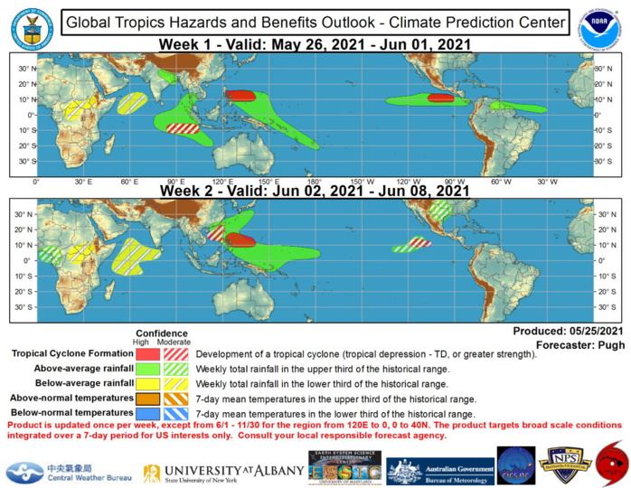 Favored areas of above and below average precipitation are based largely on a consensus between the CFS, GFS, and ECMWF models, MJO precipitation composites for phases 6 and 7, and predicted tracks of tropical cyclones. For hazardous weather concerns during the upcoming two weeks across the U.S. please refer to your local NWS Forecast Office, the Weather Prediction Center's Medium Range Hazards Forecast, and CPC's Week-2 U.S. Hazards Outlook. Forecasts over Africa are made in consultation with the International Desk at CPC and can represent local-scale conditions in addition to global-scale variability.