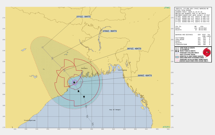 TC 02B(YAAS). WARNING 9 ISSUED AT 26/03UTC.ENVIRONMENTAL ANALYSIS INDICATES TC 02B IS NOW UNDER AN AREA OF WEAKER OUTFLOW ALOFT AND MODERATE VERTICAL WIND SHEAR (15-20KTS) WHICH WILL CONTRIBUTE TO GRADUAL WEAKENING AS THE STORM INTERACTS WITH THE LAND. AFTER MAKING LANDFALL NEAR THE MOUTH OF THE ESTUARY OF BUDHABALANGA RIVER, INDIA, THE SYSTEM WILL RAPIDLY DECAY DUE TO INTERACTION WITH THE RUGGED TERRAIN AND FULLY DISSIPATE BY 36H. TC 02B(YAAS). WARNING 9 ISSUED AT 26/03UTC.ENVIRONMENTAL ANALYSIS INDICATES TC 02B IS NOW UNDER AN AREA OF WEAKER OUTFLOW ALOFT AND MODERATE VERTICAL WIND SHEAR (15-20KTS) WHICH WILL CONTRIBUTE TO GRADUAL WEAKENING AS THE STORM INTERACTS WITH THE LAND. AFTER MAKING LANDFALL NEAR THE MOUTH OF THE ESTUARY OF BUDHABALANGA RIVER, INDIA, THE SYSTEM WILL RAPIDLY DECAY DUE TO INTERACTION WITH THE RUGGED TERRAIN AND FULLY DISSIPATE BY 36H.