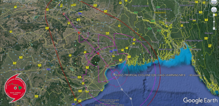 TC 02B(YAAS). WARNING 9. FORECAST LANDFALL AREA NEAR BALASORE/ODISHA WITH 65KNOT SUSTAINED WINDS.