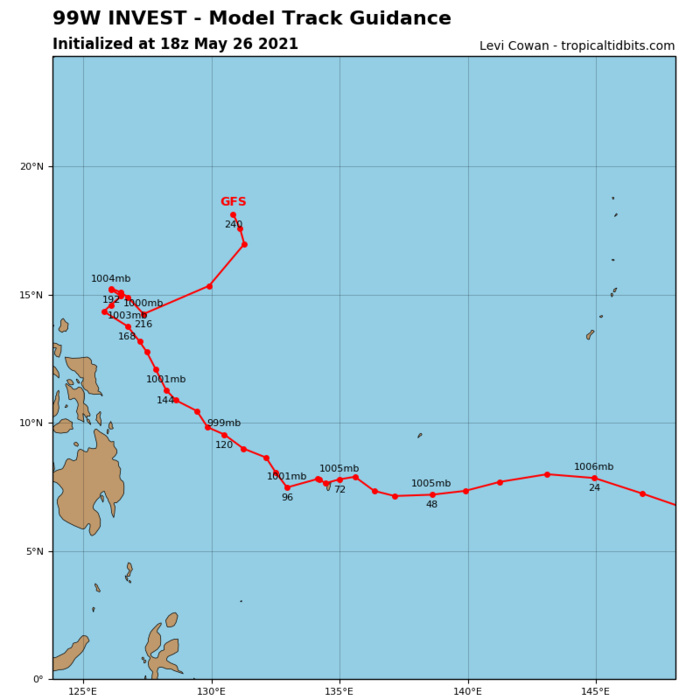 INVEST 99W. INVEST 99W IS LOCATED  WITHIN A FAVORABLE ENVIRONMENT CHARACTERIZED BY LOW (5-10KTS)  VERTICAL WIND SHEAR, WARM (29-30 DEGREES CELSIUS) SEA SURFACE  TEMPERATURES, AND DIVERGENCE ALOFT. MODEL GUIDANCE INDICATES THAT  THIS SYSTEM WILL STEADILY CONSOLIDATE AS IT TRACKS WESTWARD.