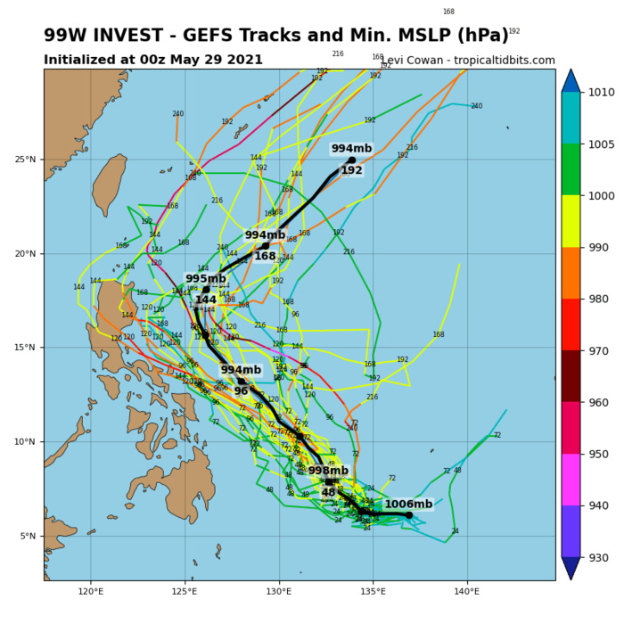 INVEST 99W. ANALYSIS INDICATES A MARGINALLY  FAVORABLE ENVIRONMENT FOR DEVELOPMENT CHARACTERIZED BY WARM (30-31C)  SEA SURFACE TEMPERATURES, AND LOW VERTICAL WIND SHEAR OFFSET BY MINIMAL  OUTFLOW ALOFT. GLOBAL MODELS ARE IN GOOD AGREEMENT THAT INVEST 99W  WILL CONTINUE TO TRACK WEST-NORTHWESTWARD AS IT CONSOLIDATES AND  STRENGTHENS.