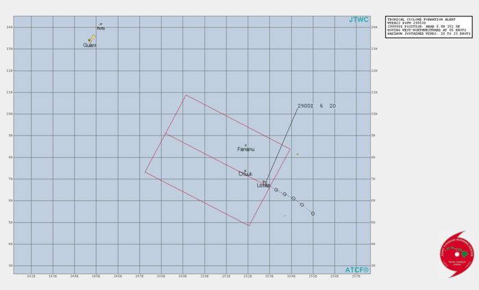 INVEST 90W. TROPICAL CYCLONE FORMATION ALERT(TCFA). APPROXIMATELY  1150 KM SOUTHEAST OF GUAM: THE SYSTEM IS MOVING WEST-NORTHWESTWARD AT 11KM/H.