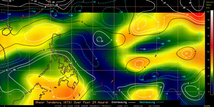 TS 04W. 30/12UTC.24H SHEAR TENDENCY.UW-CIMSS Experimental Vertical Shear and TC Intensity Trend Estimates: CIMSS Vertical Shear Magnitude : 4.4 m/s (8.6 kts)Direction : 46.2deg Outlook for TC Intensification Based on Current Env. Shear Values and MPI Differential: VERY FAVOURABLE OVER 24H.