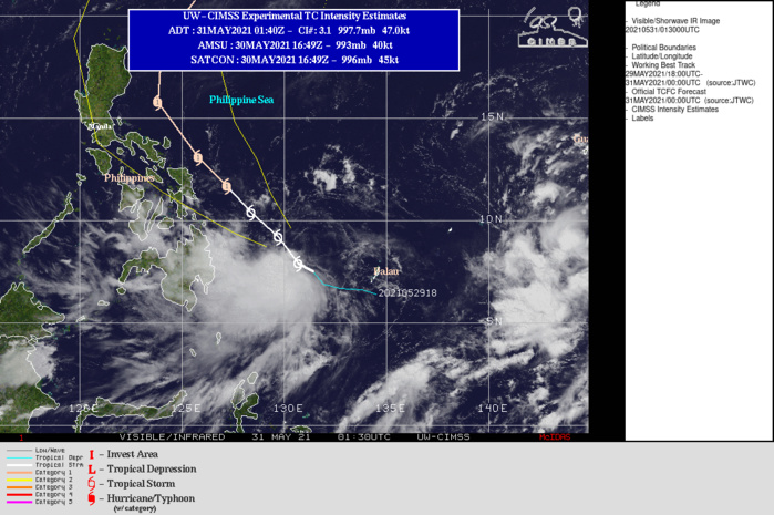 TS 04W. WARNING 6 ISSUED AT 31/03UTC. THE ENVIRONMENT REMAINS OVERALL FAVORABLE WITH RADIAL OUTFLOW AND WARM  (30-31C) ALONG-TRACK SST OFFSET BY MODERATE (15-20KT) NORTHEASTERLY  VERTICAL WIND SHEAR(VWS). THE CYCLONE IS TRACKING ALONG THE SOUTHWEST  PERIPHERY OF A DEEP-LAYERED SUBTROPICAL RIDGE (STR) TO THE  NORTHEAST.UNDER THE STEERING INFLUENCE OF THE STR, TS 04W WILL CONTINUE  TO TRACK NORTHWESTWARD OVER THE WARM PHILIPPINE SEA UP TO 72H.   THE SYSTEM IS FORECAST TO STEADILY INTENSIFY UNDER THE  AFOREMENTIONED FAVORABLE CONDITIONS AS IT APPROACHES THE RIDGE AXIS,  PEAKING AT 70KNOTS/US CAT 1 BY 72H.AFTER 72H, TS 04W WILL CREST THE STR AXIS AND TURN  NORTHWARD THEN ACCELERATE NORTHEASTWARD. THE LOWER VWS UNDER THE STR  AXIS AND INCREASED POLEWARD OUTFLOW DUE TO THE INITIAL EXPOSURE TO  THE PREVAILING WESTERLIES MAY INTENSIFY THE CYCLONE FURTHER BY 78H; HOWEVER, AFTERWARD, THE INCREASING VWS AND COOLING SST WILL  GRADUALLY THEN RAPIDLY ERODE THE SYSTEM DOWN TO 40KNOTS BY 120H.  CONCURRENTLY AT 120H, THE CYCLONE WILL BEGIN EXTRA-TROPICAL  TRANSITION AS IT ENTERS THE COLD BAROCLINIC ZONE.