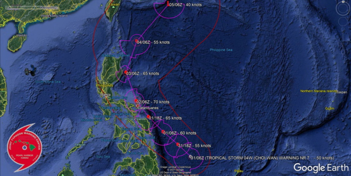 TS 04W(CHOI-wan). WARNING 7 ISSUED AT 31/09UTC.ENVIRONMENTAL ANALYSIS INDICATES THE SYSTEM RESIDES IN A SEMI- HOSTILE ENVIRONMENT.   FAIR EASTERLY OUTFLOW ALONG WITH WARM (30- 31C) SEA SURFACE TEMPERATURES (SSTS) ARE BEING OFFSET BY MODERATE  (20-25KT) NORTHEASTERLY VERTICAL WIND SHEAR (VWS) AND DRY AIR- ENTRAINING, AS SHOWN ON THE TOTAL PRECIPITABLE WATER LOOP.  THE  CYCLONE IS TRACKING ALONG THE SOUTHWEST PERIPHERY OF A DEEP-LAYERED  SUBTROPICAL RIDGE (STR) TO THE NORTHEAST. UNDER THE STEERING INFLUENCE OF THE STR, TS 04W WILL CONTINUE  TO TRACK NORTHWESTWARD OVER THE WARM PHILIPPINE SEA UP TO 72H.   THE SYSTEM IS FORECAST TO STEADILY INTENSIFY AS CONDITIONS WILL  BEGIN TO SLIGHTLY IMPROVE ONCE IT APPROACHES THE RIDGE AXIS, PEAKING  TO 70KNOTS/US CAT 1 BY 48H.AFTER 72H, TS 04W WILL CREST THE STR AXIS AND TURN  NORTHWARD, THEN ACCELERATE NORTHEASTWARD. AS TS 04W TRANSITS TO THE  NORTHEAST, IT WILL MOVE IN A REGION OF HIGHER VWS AS IT APPROACHES  THE MEI-YU BOUNDARY IN THE PREVAILING WESTERLIES. THE SYSTEM WILL  BEGIN ERODING DUE TO COOLING SSTS AND DECREASE INTENSITY TO 55KNOTS BY  96H. CONCURRENTLY AT 96H, THE CYCLONE WILL BEGIN EXTRA- TROPICAL TRANSITION AS IT ENTERS THE COLD BAROCLINIC ZONE AND  COMPLETE TRANSITION BY 120H.