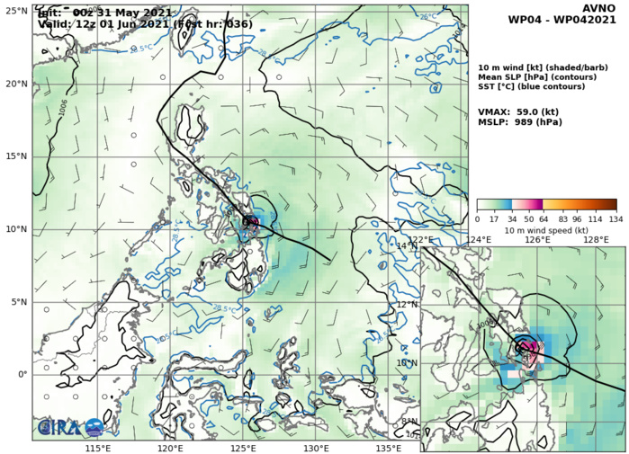 31/00UTC. AVN INTENSITY GUIDANCE. 59KNOTS AT +36H. GFS TRACK GUIDANCE IS TO THE WEST OF THE OTHER RELIABLE MODELS.