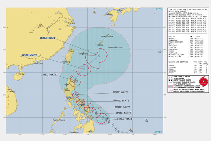TS 04W. WARNING 9 ISSUED AT 31/21UTC.THE SYSTEM IS LOCATED WITHIN A MARGINALLY-FAVORABLE ENVIRONMENT WITH NORTHEASTERLY  VERTICAL WIND SHEAR (VWS) OFFSET BY GOOD EQUATORWARD OUTFLOW AND  WARM SST VALUES (29-30C). TS 04W IS TRACKING WEST-NORTHWESTWARD  UNDER THE STEERING INFLUENCE OF A DEEP-LAYERED SUBTROPICAL RIDGE  (STR) POSITIONED TO THE NORTH AND NORTHEAST.TS 04W IS FORECAST TO TRACK ALONG THE EASTERN COAST OF THE  PHILIPPINES WHILE SLOWLY INTENSIFYING TO A PEAK OF 60 KNOTS BY   48H. AFTER 72H, THE WESTERN PORTIONS OF THE STR WILL  CONTINUE TO ERODE ALLOWING THE SYSTEM TO RECURVE NORTHEASTWARD. TS  04W WILL WEAKEN AS IT ENCOUNTERS INCREASING VWS ASSOCIATED WITH A  MIDLATITUDE SHORTWAVE TROUGH EXPECTED TO DIG OVER THE EAST CHINA  SEA. TS 04W IS EXPECTED TO BEGIN EXTRA-TROPICAL TRANSITION (ETT)  NEAR 120H BUT MAY DISSIPATE PRIOR TO COMPLETING ETT. TS 04W. WARNING 9 ISSUED AT 31/21UTC.THE SYSTEM IS LOCATED WITHIN A MARGINALLY-FAVORABLE ENVIRONMENT WITH NORTHEASTERLY  VERTICAL WIND SHEAR (VWS) OFFSET BY GOOD EQUATORWARD OUTFLOW AND  WARM SST VALUES (29-30C). TS 04W IS TRACKING WEST-NORTHWESTWARD  UNDER THE STEERING INFLUENCE OF A DEEP-LAYERED SUBTROPICAL RIDGE  (STR) POSITIONED TO THE NORTH AND NORTHEAST.TS 04W IS FORECAST TO TRACK ALONG THE EASTERN COAST OF THE  PHILIPPINES WHILE SLOWLY INTENSIFYING TO A PEAK OF 60 KNOTS BY   48H. AFTER 72H, THE WESTERN PORTIONS OF THE STR WILL  CONTINUE TO ERODE ALLOWING THE SYSTEM TO RECURVE NORTHEASTWARD. TS  04W WILL WEAKEN AS IT ENCOUNTERS INCREASING VWS ASSOCIATED WITH A  MIDLATITUDE SHORTWAVE TROUGH EXPECTED TO DIG OVER THE EAST CHINA  SEA. TS 04W IS EXPECTED TO BEGIN EXTRA-TROPICAL TRANSITION (ETT)  NEAR 120H BUT MAY DISSIPATE PRIOR TO COMPLETING ETT.