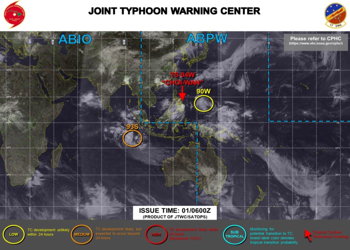 01/06UTC. JTWC HAS BEEN ISSUING 6HOURLY WARNINGS AND 3HOURLY SATELLITE BULLETINS ON TS 04W. INVEST 90W IS ONCE AGAIN ON THE MAP: LOW CHANCES OF DEVELOPING 25KNOT WINDS NEAR ITS CENTER OVER 24HOURS.INVEST 93S IS UP-GRADED TO MEDIUM: MODERATE CHANCES OF DEVELOPING 35KNOT WINDS NEAR ITS CENTER OVER 24HOURS. 3HOURLY SATELLITE BULLETINS ARE NOW ISSUED ON 93S. 01/06UTC. JTWC HAS BEEN ISSUING 6HOURLY WARNINGS AND 3HOURLY SATELLITE BULLETINS ON TS 04W. INVEST 90W IS ONCE AGAIN ON THE MAP: LOW CHANCES OF DEVELOPING 25KNOT WINDS NEAR ITS CENTER OVER 24HOURS.INVEST 93S IS UP-GRADED TO MEDIUM: MODERATE CHANCES OF DEVELOPING 35KNOT WINDS NEAR ITS CENTER OVER 24HOURS. 3HOURLY SATELLITE BULLETINS ARE NOW ISSUED ON 93S.