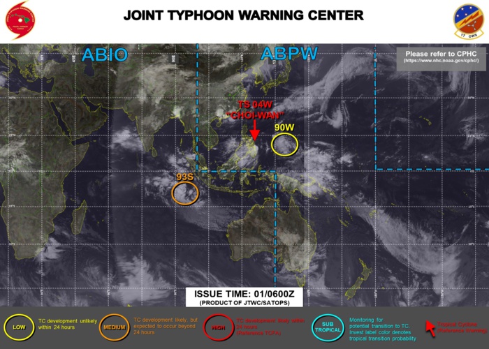 01/06UTC. JTWC HAS BEEN ISSUING 6HOURLY WARNINGS AND 3HOURLY SATELLITE BULLETINS ON TS 04W. INVEST 90W IS ONCE AGAIN ON THE MAP: LOW CHANCES OF DEVELOPING 25KNOT WINDS NEAR ITS CENTER OVER 24HOURS.INVEST 93S IS UP-GRADED TO MEDIUM: MODERATE CHANCES OF DEVELOPING 35KNOT WINDS NEAR ITS CENTER OVER 24HOURS. 3HOURLY SATELLITE BULLETINS ARE NOW ISSUED ON 93S.