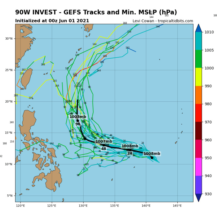 INVEST 90W.  ANIMATED MULTISPECTRAL SATELLITE IMAGERY AND A 010400Z AMSR2 89GHZ MICROWAVE  IMAGE DEPICT BROAD AREA OF TURNING OBSCURED BY FLARING CONVECTION  THAT IS BEING SHEARED TO THE SOUTHWEST. FURTHERMORE, A 010004Z METOP- B ASCAT IMAGE FURTHER EMPHASIZES THE BROAD NATURE OF 90W WITH  POTENTIAL MULTIPLE CENTERS OF CIRCULATION EMBEDDED WITHIN THE  BROADER OVERALL ROTATION. THE POSITION IS BASED ON THE CENTROID OF  THE BROADER CIRCULATION AND THE SMALLER EMBEDDED FEATURES.  UPPER  LEVEL ANALYSIS INDICATES 90W IS IN A FAVORABLE ENVIRONMENT FOR  DEVELOPMENT WITH LOW TO MODERATE (10-20 KNOT) VWS OFFSET, GOOD  DIVERGENCE ALOFT, AND WARM (28-30C) SEA SURFACE TEMPERATURES. GLOBAL  MODELS ARE IN GOOD AGREEMENT THAT 90W WILL CONTINUE TO TRACK  GENERALLY NORTHWESTWARD AND THOUGH OVERALL CONDITIONS ARE FAVORABLE,  THE LACK OF A DISTINCT, CONSOLIDATED LLCC AT THIS TIME WILL SERVE TO  LIMIT THE POTENTIAL DEVELOPMENT.