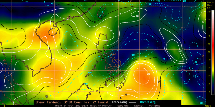 02/06UTC.24H SHEAR TENDENCY.UW-CIMSS Experimental Vertical Shear and TC Intensity Trend Estimates: CIMSS Vertical Shear Magnitude : 10.1 m/s (19.1 kts)Direction : 66.3deg Outlook for TC Intensification Based on Current Env. Shear Values and MPI Differential: FAVOURABLE OVER 24H.