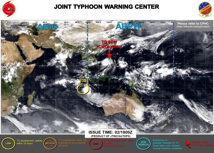 03/03UTC. JTWC HAS BEEN ISSUING 6HOURLY WARNINGS AND 3HOURLY SATELLITE BULLETINS ON 04W. INVEST 93S IS DOWN-GRADED TO LOW. 3HOURLY SATELLITE BULLETINS ON 93S HAVE BEEN DISCONTINUED. 03/03UTC. JTWC HAS BEEN ISSUING 6HOURLY WARNINGS AND 3HOURLY SATELLITE BULLETINS ON 04W. INVEST 93S IS DOWN-GRADED TO LOW. 3HOURLY SATELLITE BULLETINS ON 93S HAVE BEEN DISCONTINUED.