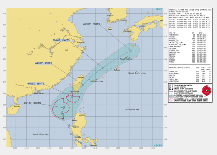 TS 04W. WARNING 21 ISSUED AT 03/21UTC.THE SYSTEM IS IN A MARGINAL ENVIRONMENT WITH GOOD WESTWARD AND EQUATORWARD OUTFLOW AND VERY WARM  (30-31C) SEA SURFACE TEMPERATURES, OFFSET BY MODERATE TO STRONG (20- 25KT) VERTICAL WIND SHEAR(VWS) FROM THE NORTHEAST. THE CYCLONE IS  TRACKING ALONG THE WESTERN PERIPHERY OF THE SUBTROPICAL RIDGE (STR)  TO THE EAST. THE FORECAST TRACK HAS BEEN REDUCED 48H TO INDICATE DISSIPATION OVER WATER  SOUTH OF KYUSHU, JAPAN.TS 04W HAS BEGUN TO MAKE ITS TURN NORTHEASTWARD AROUND THE  AXIS OF THE STR AND AFTER 12H WILL BEGIN TO WEAKEN DUE TO  INTERACTION WITH THE SOUTHERN PORTION OF THE CHUNGYANG MOUNTAIN  RANGE IN TAIWAN. BY 24H, TS 04W WILL WEAKEN TO 30 KNOTS DUE TO  INCREASING VWS ASSOCIATED WITH STRONG NORTHEASTERLY FLOW FROM A  SECONDARY STR ANCHORED OVER SOUTHEASTERN CHINA. BY 36H, THE  SYSTEM WILL WEAKEN TO 25 KNOTS AS IT PASSES EAST-NORTHEAST OF KADENA  AIR BASE. AT 48H, THE SYSTEM WILL BE FULLY DISSIPATED AS IT GETS  ABSORBED INTO THE MEI-YU FRONTAL BOUNDARY APPROACHING FROM THE WEST,  POSSIBLY SOONER. TS 04W. WARNING 21 ISSUED AT 03/21UTC.THE SYSTEM IS IN A MARGINAL ENVIRONMENT WITH GOOD WESTWARD AND EQUATORWARD OUTFLOW AND VERY WARM  (30-31C) SEA SURFACE TEMPERATURES, OFFSET BY MODERATE TO STRONG (20- 25KT) VERTICAL WIND SHEAR(VWS) FROM THE NORTHEAST. THE CYCLONE IS  TRACKING ALONG THE WESTERN PERIPHERY OF THE SUBTROPICAL RIDGE (STR)  TO THE EAST. THE FORECAST TRACK HAS BEEN REDUCED 48H TO INDICATE DISSIPATION OVER WATER  SOUTH OF KYUSHU, JAPAN.TS 04W HAS BEGUN TO MAKE ITS TURN NORTHEASTWARD AROUND THE  AXIS OF THE STR AND AFTER 12H WILL BEGIN TO WEAKEN DUE TO  INTERACTION WITH THE SOUTHERN PORTION OF THE CHUNGYANG MOUNTAIN  RANGE IN TAIWAN. BY 24H, TS 04W WILL WEAKEN TO 30 KNOTS DUE TO  INCREASING VWS ASSOCIATED WITH STRONG NORTHEASTERLY FLOW FROM A  SECONDARY STR ANCHORED OVER SOUTHEASTERN CHINA. BY 36H, THE  SYSTEM WILL WEAKEN TO 25 KNOTS AS IT PASSES EAST-NORTHEAST OF KADENA  AIR BASE. AT 48H, THE SYSTEM WILL BE FULLY DISSIPATED AS IT GETS  ABSORBED INTO THE MEI-YU FRONTAL BOUNDARY APPROACHING FROM THE WEST,  POSSIBLY SOONER.