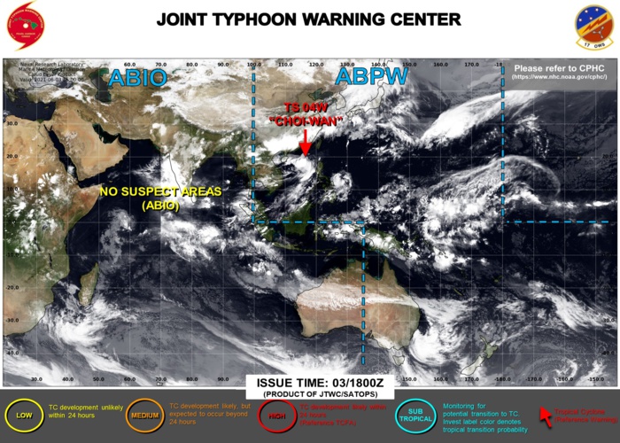 JTWC HAS BEEN ISSUING 6HOURLY WARNINGS AND 3HOURLY SATELLITE BULLETINS ON 04W. INVEST 93S HAS BEEN REMOVED FROM THE MAP AS THE AREA IS NO LONGER CONSIDERED HAVING POTENTIAL TO DEVELOP WITHIN 24H.