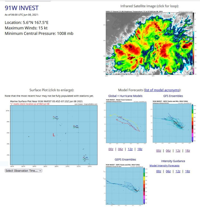 INVEST 91W.ANIMATED MULTISPECTRAL SATELLITE IMAGERY SHOWS A CONSOLIDATING  AREA OF CONVECTION AROUND A LOW LEVEL CIRCULATION. A 080502Z SSMIS  91GHZ MICROWAVE PASS DEPICTS DISORGANIZED CONVECTIVE BANDS WRAPPING INTO  THE LLC. INVEST 91W IS IN AN ENVIRONMENT FAVORABLE FOR TROPICAL  DEVELOPMENT WITH GOOD EQUATORWARD OUTFLOW ALOFT, LOW (5-10KTS) VERTICAL  WIND SHEAR (VWS) AND WARM (30-31C) SEA SURFACE TEMPERATURES (SST). GLOBAL  MODELS ARE NOT IN AGREEMENT WITH A TROPICAL CYCLONE DEVELOPING FROM  INVEST 91W, HOWEVER, JTWC WILL CLOSELY MONITOR FOR POTENTIAL DEVELOPMENT  DUE TO A FAVORABLE APPEARANCE IN SATELLITE ANALYSIS.
