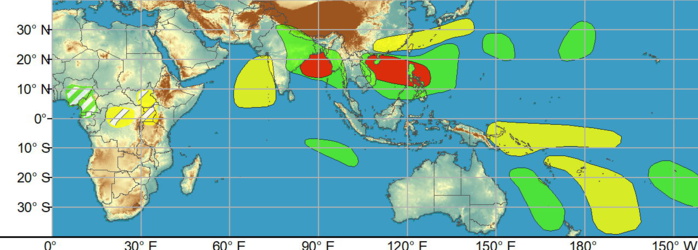 WEEK 1: JUNE 09 TO JUNE 15. While no TCs formed during the last week, there are several areas across the global tropics with heightened potential for development through mid-June. In the eastern Hemisphere, the Joint Typhoon Warning Center (JTWC) is currently monitoring an area of convection east of the Mariana Islands. Although there is good agreement between the GEFS and ECMWF ensembles favoring some strengthening over the next day or so, this potential system is expected to soon encounter a high shear environment to inhibit development, thus no corresponding TC area is included in the week-1 outlook. However, high confidence areas for TC development are issued farther west for week-1 over the West Pacific (extending from the South China Sea through the Philippines), as well as over the Indian Ocean (northern Bay of Bengal) due to the aforementioned Rossby and Kelvin wave activity as well as continued agreement in ensemble guidance and probabilistic TC tools.