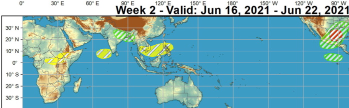 For week-2, there is more uncertainty in the TC perspective across the Pacific and Indian Basins. Ensembles favor an area of surface low pressure to persist over western India and the Bay of Bengal which may lead to additional tropical cyclogenesis in the region, however confidence is too low at this time to include in the outlook.