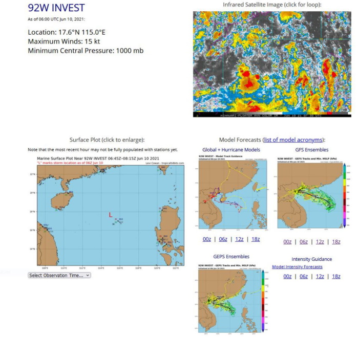 INVEST 92W. ANIMATED MULTISPECTRAL SATELLITE IMAGERY AND A 100534Z AMSR2 89 GHZ MICROWAVE  IMAGE DEPICT A BROAD LOW LEVEL CIRCULATION WITH CONVECTION  DISPLACED FROM THE CENTER AND THE RADIUS OF MAX WINDS EXTENDING TO  APPROXIMATELY 185KM FROM THE CENTER, INDICATING THAT 92W IS A  MONSOON DEPRESSION AT THIS TIME. UPPER LEVEL ANALYSIS INDICATES A  MARGINALLY FAVORABLE ENVIRONMENT WITH LOW VERTICAL WIND SHEAR (