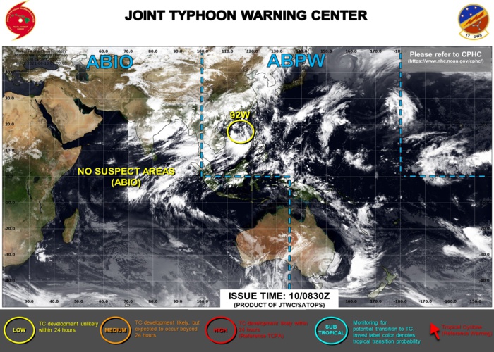 10/0830UTC. INVEST 92W: LOW CHANCES OF DEVELOPING 25KNOT WINDS NEAR ITS CENTER WITHIN THE NEXT 24HOURS.