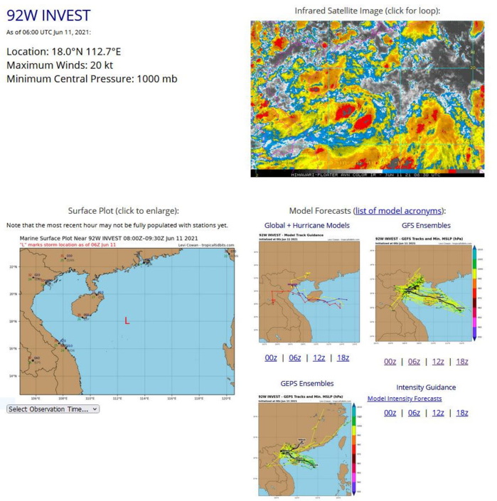 INVEST 92W. ANIMATED MULTISPECTRAL SATELLITE IMAGERY AND A 102335UTC AMSR2 89 GHZ MICROWAVE IMAGE DEPICTS  A BROAD LOW LEVEL CIRCULATION WITH CONVECTION DISPLACED FROM  THE CENTER. IN ADDITION, AN 110230UTC ASCAT METOP-C IMAGE SHOWS THAT  THE RADIUS OF MAX WINDS EXTENDS APPROXIMATELY 280KM FROM THE CENTER,  INDICATING THAT 92W REMAINS A MONSOON DEPRESSION. UPPER LEVEL  ANALYSIS INDICATES A MARGINALLY FAVORABLE ENVIRONMENT WITH LOW TO  MODERATE VERTICAL WIND SHEAR (VWS) (10-20 KNOTS) OFFSET BY A CURRENT  LACK OF DIVERGENCE ALOFT. 92W REMAINS IN A FAVORABLE AREA OF WARM  SEA SURFACE TEMPERATURES (SST) (30-31C).