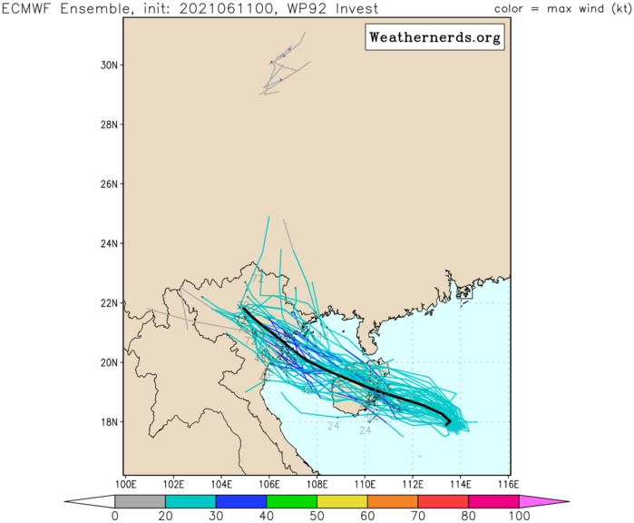 GLOBAL MODELS ARE IN GOOD AGREEMENT THAT 92W WILL CONTINUE ITS TRACK WEST-NORTHWESTWARD AS IT  STEADILY CONSOLIDATES AND INTENSIFIES PRIOR TO MOVING OVER HAINAN  ISLAND WITHIN THE NEXT 24 HOURS. AFTER A BRIEF PERIOD OF WEAKENING  DUE TO FRICTIONAL EFFECTS AS 92W PASSES OVER HAINAN ISLAND, 92W WILL  RE-INTENSIFY AS IT ENTERS AN AREA OF EVEN WARMER WATERS AND LOWER  VWS OVER THE GULF OF TONKIN. FURTHERMORE, AN UPPER-LEVEL ANTI- CYCLONE TO THE NORTH WILL RETROGRADE EASTWARD AND IMPROVE OUTFLOW  ALLOWING FOR FURTHER INTENSIFICATION.