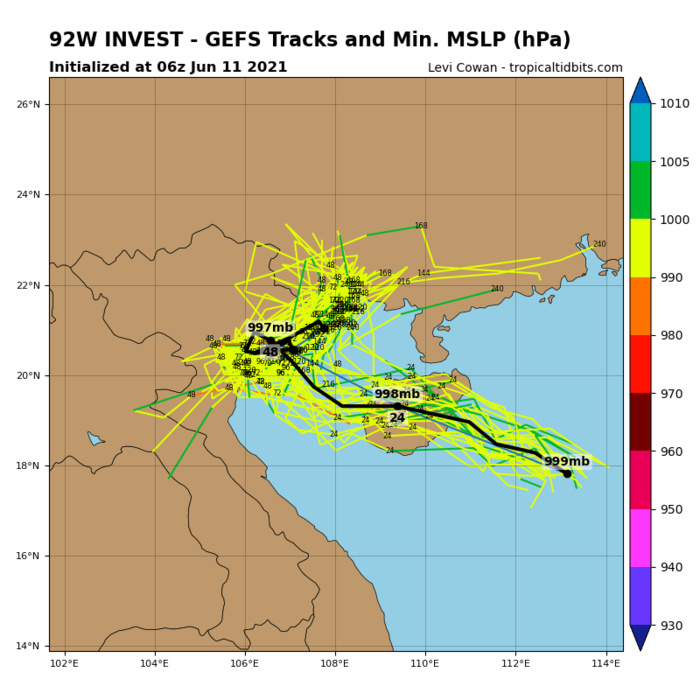 GLOBAL MODELS ARE IN GOOD AGREEMENT THAT 92W WILL CONTINUE  DEVELOPING ALONG ITS WEST-NORTHWESTWARD TRACK AND INTENSIFY PRIOR TO  MOVING OVER HAINAN ISLAND. AFTER A BRIEF PERIOD OF WEAKENING DUE TO  FRICTIONAL EFFECTS AS 92W PASSES OVER HAINAN ISLAND, 92W WILL RE- INTENSIFY WHEN IT ENTERS AN AREA OF EVEN WARMER WATERS AND LOWER VWS  OVER THE GULF OF TONKIN. FURTHERMORE, AN UPPER-LEVEL ANTICYCLONE TO  THE NORTH WILL RETROGRADE EASTWARD AND IMPROVE OUTFLOW ALLOWING FOR  FURTHER INTENSIFICATION.