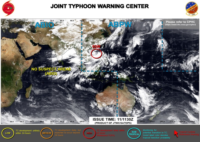 11/12UTC. INVEST 92W: UP-GRADED TO HIGH: ELEVATED CHANCES OF DEVELOPING 25KNOT WINDS NEAR ITS CENTER WITHIN 24H.