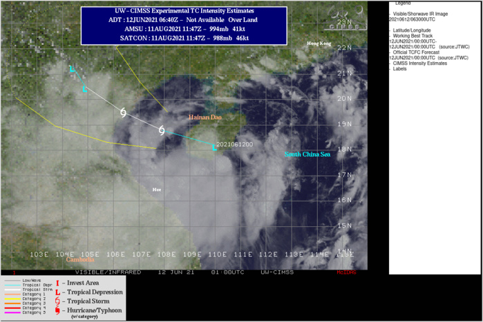 TD 05W. ANIMATED MULTISPECTRAL SATELLITE IMAGERY  SHOWS THE RAGGED AND PARTLY EXPOSED LOWEL CIRCULATION TRACKED  ACROSS SOUTHERN HAINAN ISLAND WITH THE ASSOCIATED DISORGANIZED CONVECTION  SHEARED WESTWARD AND SOUTHWESTWARD. IF NECESSARY CLICK ON THE IMAGERY TO ANIMATE IT.