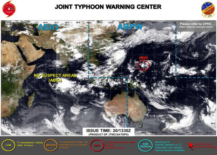 INVEST 94W IS UP-GRADED TO HIGH: HIGH CHANCES OF DEVELOPING 25KNOT WINDS NEAR ITS CENTER WITHIN THE NEXT 24HOURS. THE JTWC IS ISSUING 3HOURLY SATELLITE BULLETINS ON THIS SYSTEM.