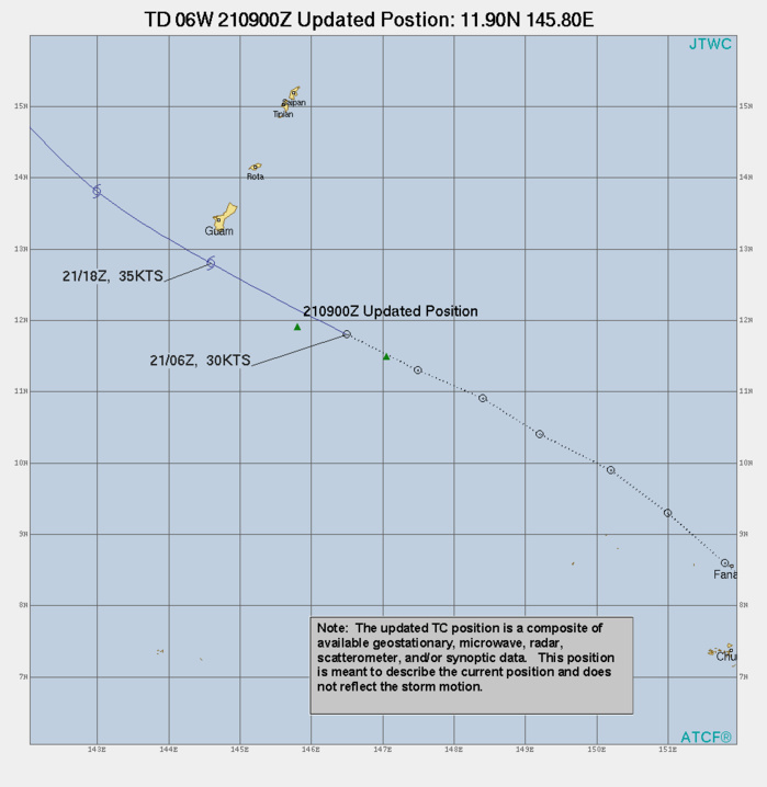 21/09UTC. UP-DATED POSITION NEAR 11.9N 145.8E APPRX 190KM SOUTHEAST OF GUAM.