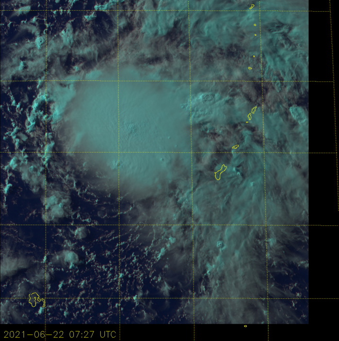 22/0727UTC.SATELLITE ANALYSIS, INITIAL POSITION AND INTENSITY DISCUSSION: ANIMATED MULTISPECTRAL SATELLITE IMAGERY (MSI) SHOWS THE CENTRAL CONVECTION HAS EXPANDED, DEEPENED, AND TOTALLY OBSCURED THE LOW LEVEL CIRCULATION (LLC). RAIN BANDS, MOSTLY EMANATING FROM THE EAST, REMAIN WEAK AND FRAGMENTED, HOWEVER. THE INITIAL POSITION IS BASED ON A RAGGED LLC FEATURE IN THE 220615Z GPM MICROWAVE IMAGE. THE INITIAL INTENSITY IS BASED ON THE HIGH END OF AGENCY AND ADT DVORAK ESTIMATES AND REFLECTS THE IMPROVED 6-HR MSI SIGNATURE OF THE SYSTEM. THE ENVIRONMENT IS MARGINALLY FAVORABLE WITH WARM SSTS AND LOW VWS TEMPERED BY A WEAK POLEWARD OUTFLOW. THE CYCLONE IS TRACKING ALONG THE SOUTHWEST PERIPHERY OF THE LOW- TO MID-LEVEL REFLECTION OF THE STR TO THE NORTHEAST.